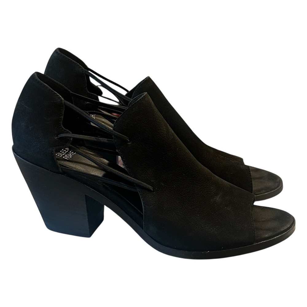Eileen Fisher Nikki Leather Peep Toe Block Heel Sandals Black Women’s 10 $235